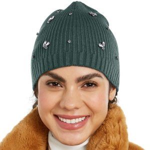 NWT-INC-Bejeweled Forest Green Rib Knit Beanie-OS